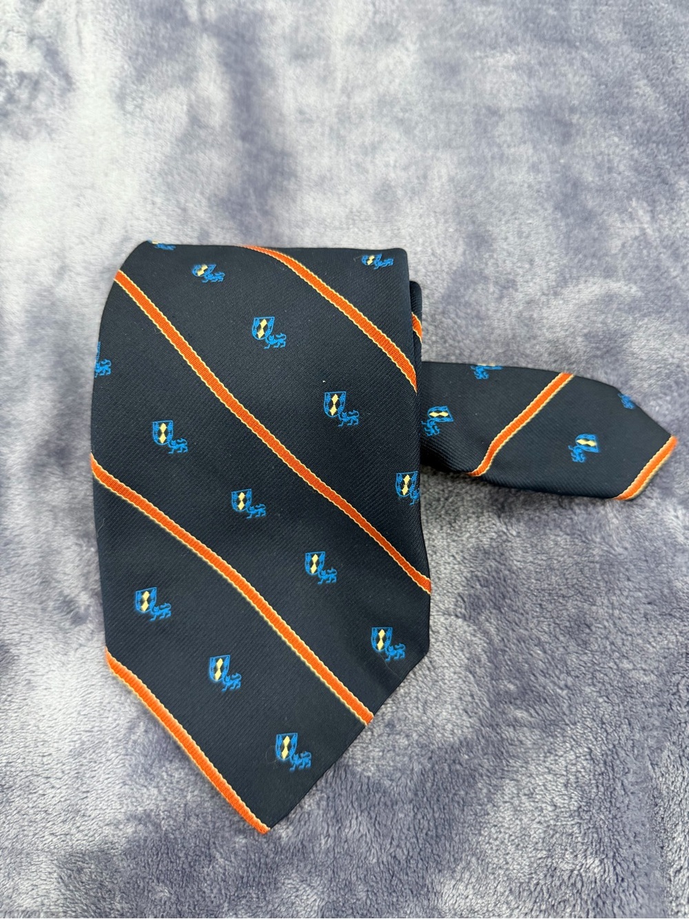 Vintage 70s Londonaire Beau Brummell Men’s Necktie Navy Orange Stripe Crest 58”
